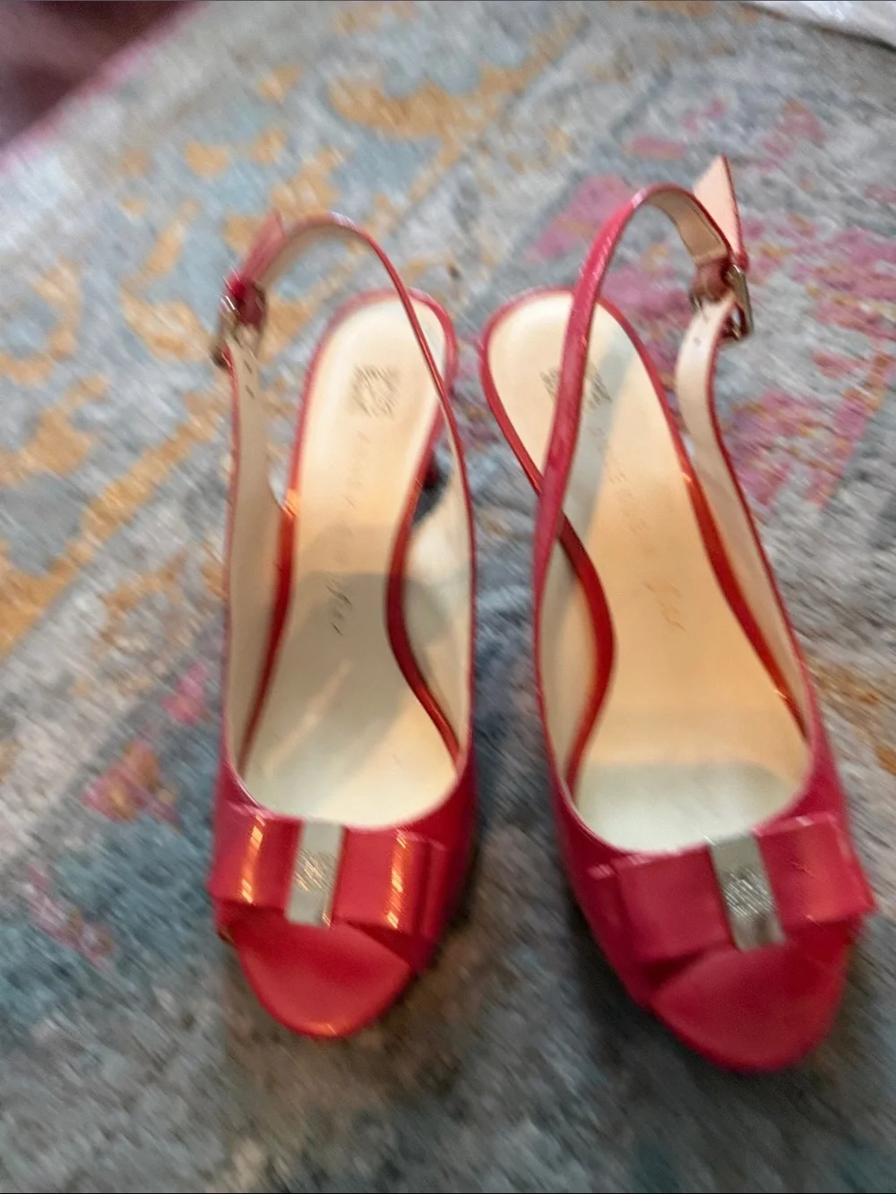 Anne Klein Red Slingback Peep-Toe Heels with Bow EUC